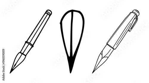 Pen and nib calligraphy outline set with simple line art design featuring simple design, minimalist, black and white with illustrations and graphics