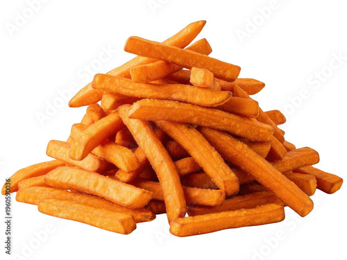 A large pile of sweet potato fries isolated on transparent background