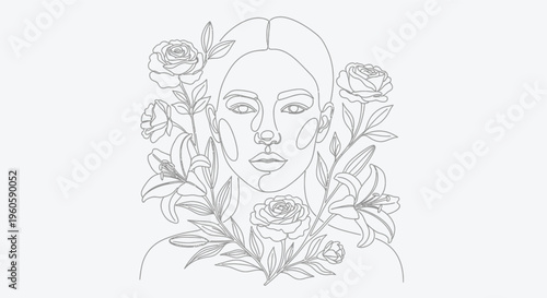 Elegant Woman Face with Flowers Line Art Drawing, Minimalist Beauty Portrait