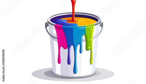 Bright color paint pouring in a bucket with drips vector illustration in cartoon style