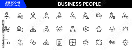 Business people line icons set. Businessman outline icons collection. Teamwork, human resources, meeting, partnership, meeting, work group, success, resume 