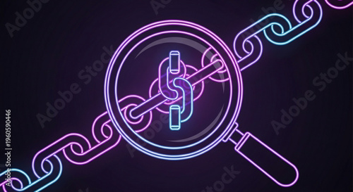 Neon magnifying glass examines dollar sign linked to colorful chain on dark background symbolizing financial investigation and cryptocurrency concept