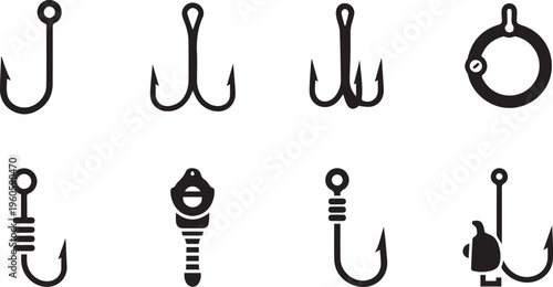 Fishing Hook Icons Set - Professional Angling Gear Vector Symbols