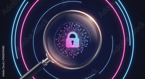 Magnifying glass examines a secure lock with neon lights on a dark background symbolizing cybersecurity and data protection
