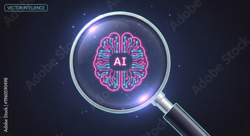 Magnifying glass examines ai brain with neon pink and blue details on dark background with stars