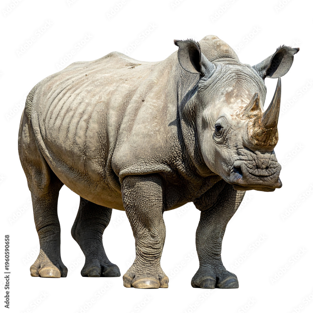 Fototapeta premium A large white rhinoceros stands isolated on a plain white background as a powerful symbol of endangered wildlife and nature