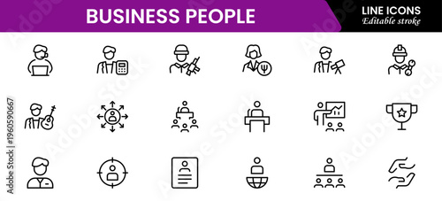 Business people line icons set. Businessman outline icons collection. Teamwork, human resources, meeting, partnership, meeting, work group, success, resume 