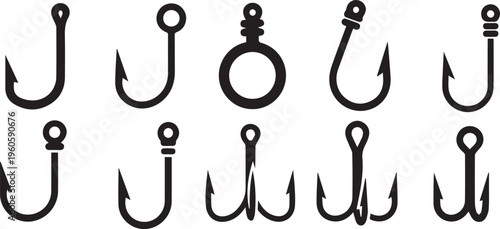 Fishing Hook Icon Set: Sharp Metal Bait and Tackle Silhouette Vectors
