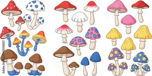 Mushroom varieties collection with colorful toadstools and forest fungi different shapes cartoon vector illustration set