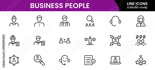 Business people line icons set. Businessman outline icons collection. Teamwork, human resources, meeting, partnership, meeting, work group, success, resume 