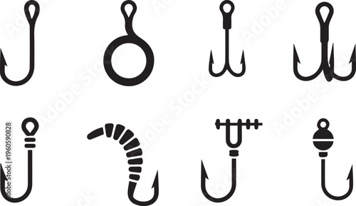 Fishing Hook Icons Set: Silhouette Fish Hook and Tackle Vector