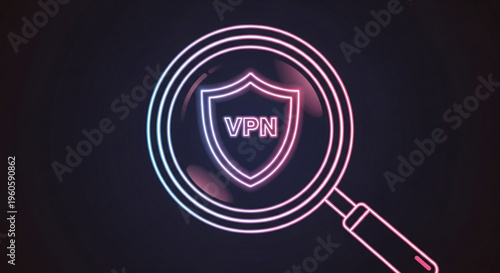 Neon vpn shield icon with magnifying glass on dark background symbolizing online security and privacy protection