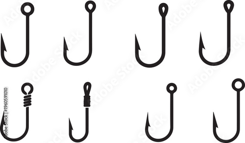 Fishing Hook Icon Set: Sharp Metal Fishhook Silhouettes for Angling and Sea Fishing