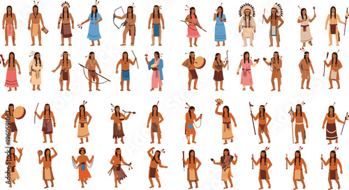 Native American tribal people collection with traditional clothing hunting tools and cultural poses cartoon vector illustration set