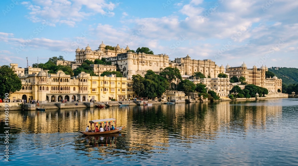 Obraz premium Majestic historic palace complex by a calm lake with traditional architecture, scenic reflections, and a tourist boat at sunset