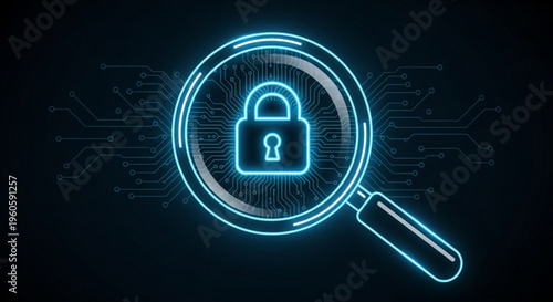 Neon blue magnifying glass examines a glowing padlock on a dark circuit background symbolizing security and investigation