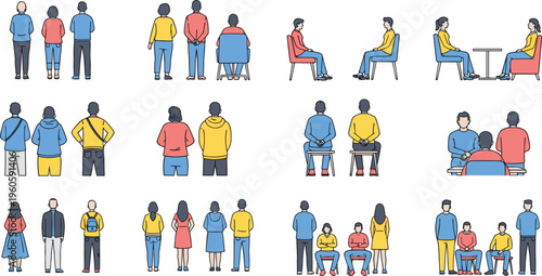 People back view collection with sitting standing and social interaction poses minimal character vector illustration set