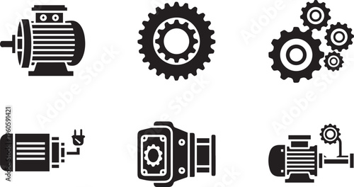 Industrial Electric Motor and Gear Icons Vector Set