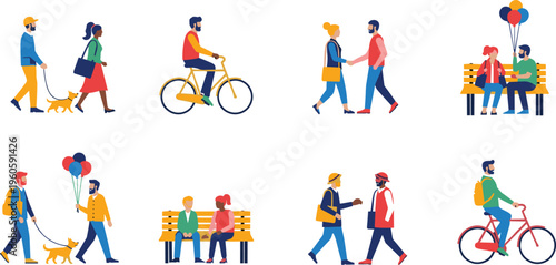 People outdoor activities collection with walking cycling sitting and social interaction urban lifestyle vector illustration set