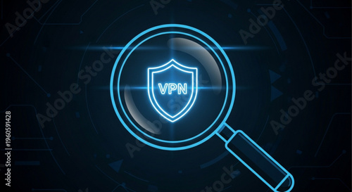 Neon lit vpn shield icon in magnifying glass on dark background with blue glow symbolizing online security and privacy protection