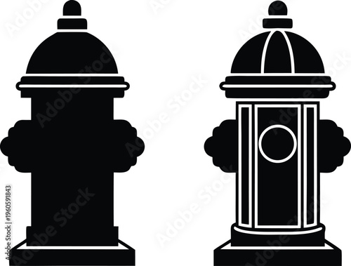 Two fire hydrants depicted in a stark black and white graphic silhouette
