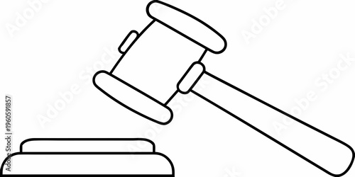 Simple black and white illustration of a gavel resting on a sound block