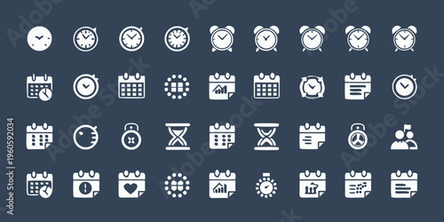 Collection of white time management and schedule related icons