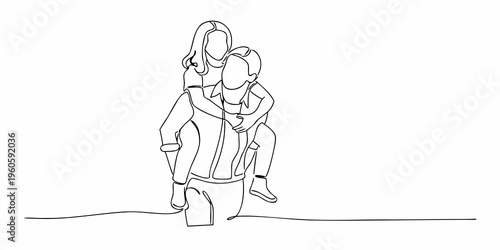 A continuous line drawing depicts a couple sharing an intimate piggyback ride