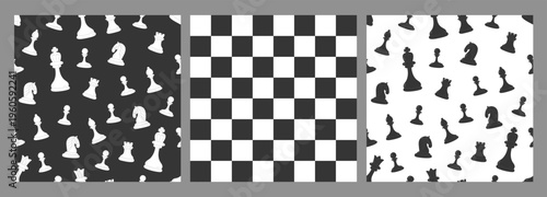 Patterns with checkerboard, black and white chess pieces. Vector seamless textures with chessmen in flat style on black and white background.  