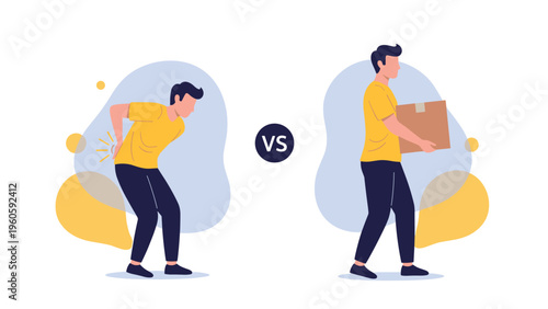 Educational diagram showing the wrong and right posture for lifting a cardboard box to avoid back pain and spinal injuries.