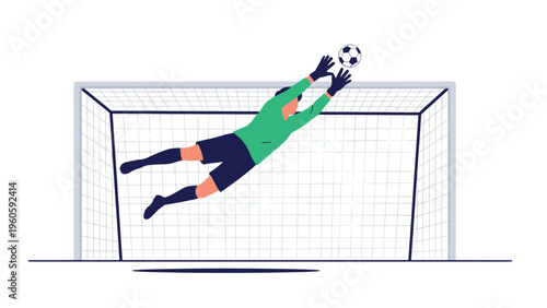 Soccer goalkeeper in a green jersey dives through the air to catch a ball and defend the goal during a football match.