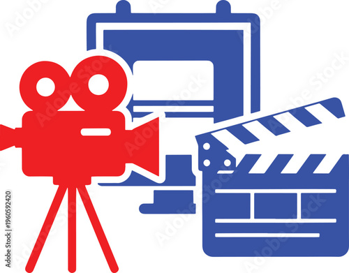 Red camera and blue clapperboard with filmstrip and television set