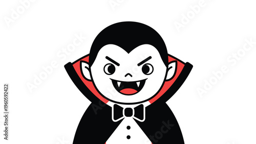 Cute cartoon vampire character with black hair and a red collared cape smiles showing his sharp fangs for halloween celebrations.