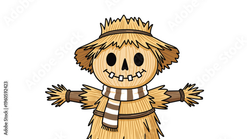 Friendly cartoon scarecrow made of straw with a smiling face and striped scarf stands with arms outstretched in a field.