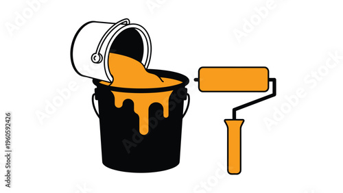 Metal bucket pouring bright orange paint into a larger black bucket next to a handheld paint roller for home renovation projects.