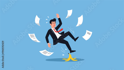 Businessman in a suit slips on a yellow banana peel with his arms flailing and documents flying everywhere on a blue background.