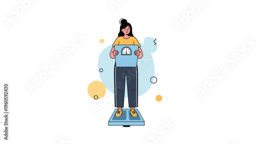 Young woman standing on a blue bathroom scale while holding a digital tablet to track her weight loss progress and fitness goals.