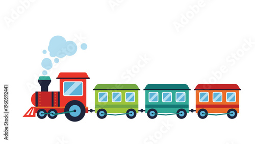 Colorful toy train with a steam engine and three different passenger cars in red, green, and blue colors for children to play.