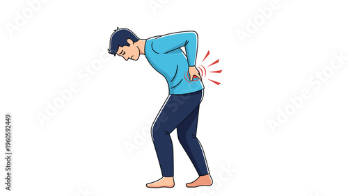 Man in a blue shirt bends over in pain while clutching his lower back with red lines indicating a backache or muscle strain.