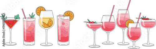 Refreshing cocktail drinks collection with citrus garnish straws and glasses summer beverages vector illustration set