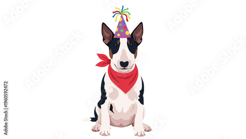 Bull terrier dog sitting patiently while wearing a colorful polka dot party hat and a bright red bandana around its neck.