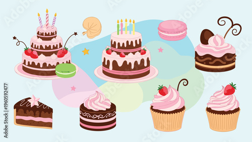 Extensive assortment of delicious desserts including multi-tier chocolate cakes, cupcakes, macarons, and slices of pie.