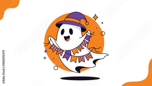 Happy cartoon ghost wearing a purple witch hat and festive bunting flags flies in front of a large orange moon for Halloween.