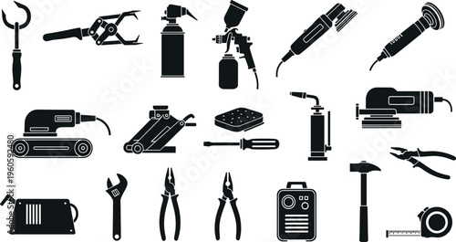 Auto repair tools and equipment icons set with wrench pliers drill jack spray gun and workshop instruments vector illustration