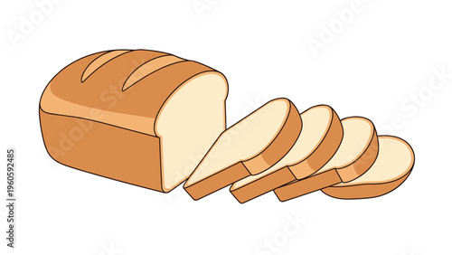 Loaf of golden brown bread with several soft slices cut from the end resting on a plain white background for food themes.