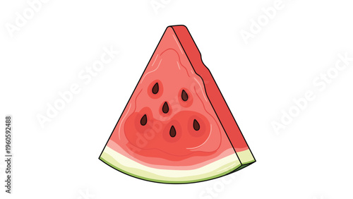 Triangular slice of juicy red watermelon with black seeds and a green rind isolated on a plain white background for food themes.