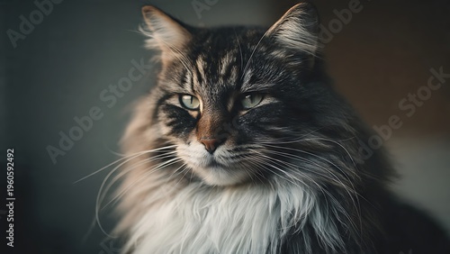 A portrait of a fluffy cat with a slightly annoyed expression looking directly at the camera indoors.