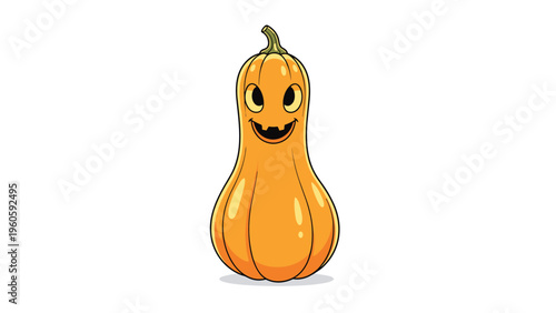 Tall orange butternut squash with a carved jack o lantern face including eyes and a mouth for a unique halloween decoration.