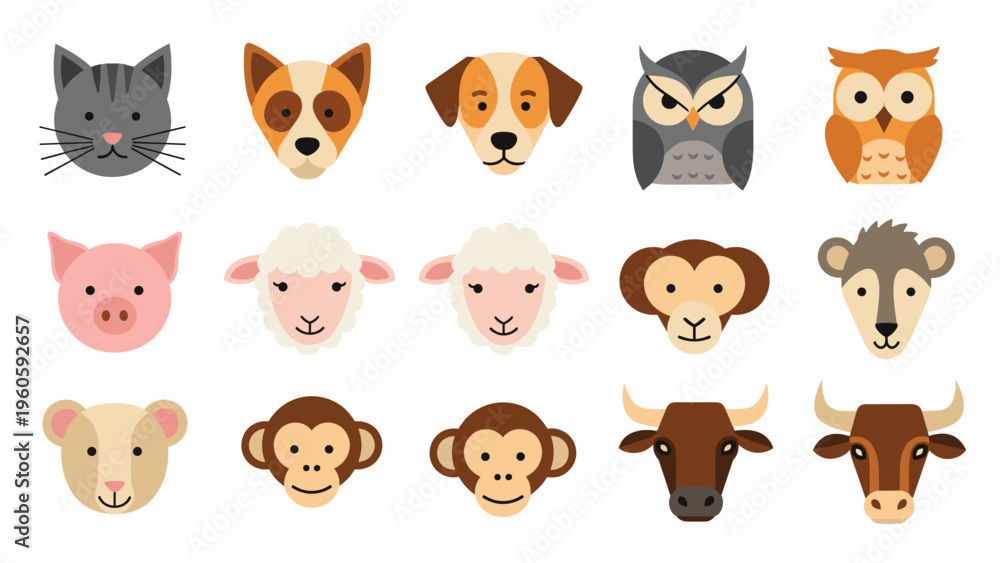 Fototapeta premium Comprehensive grid of fifteen different animal face icons including a cat, dog, owl, pig, sheep, monkey, bear, and cow for graphic design.