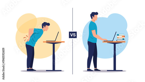 Comparison of bad and good posture while using a standing desk with a laptop to demonstrate ergonomic health and back pain prevention.